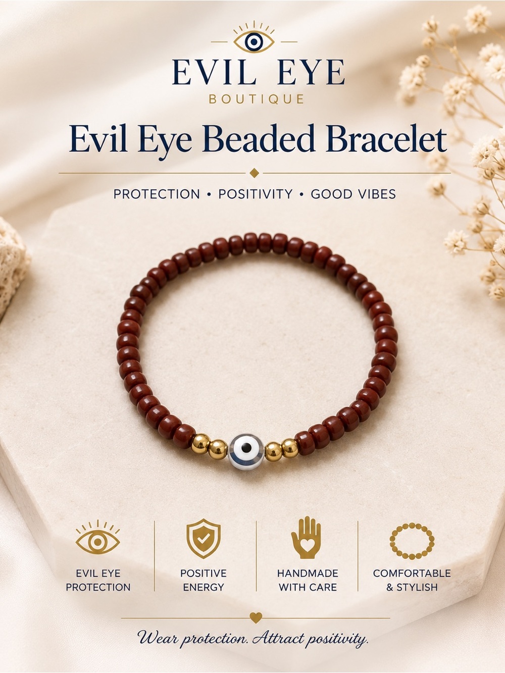 Evil Eye Beaded Bracelet - Brown & Gold #19